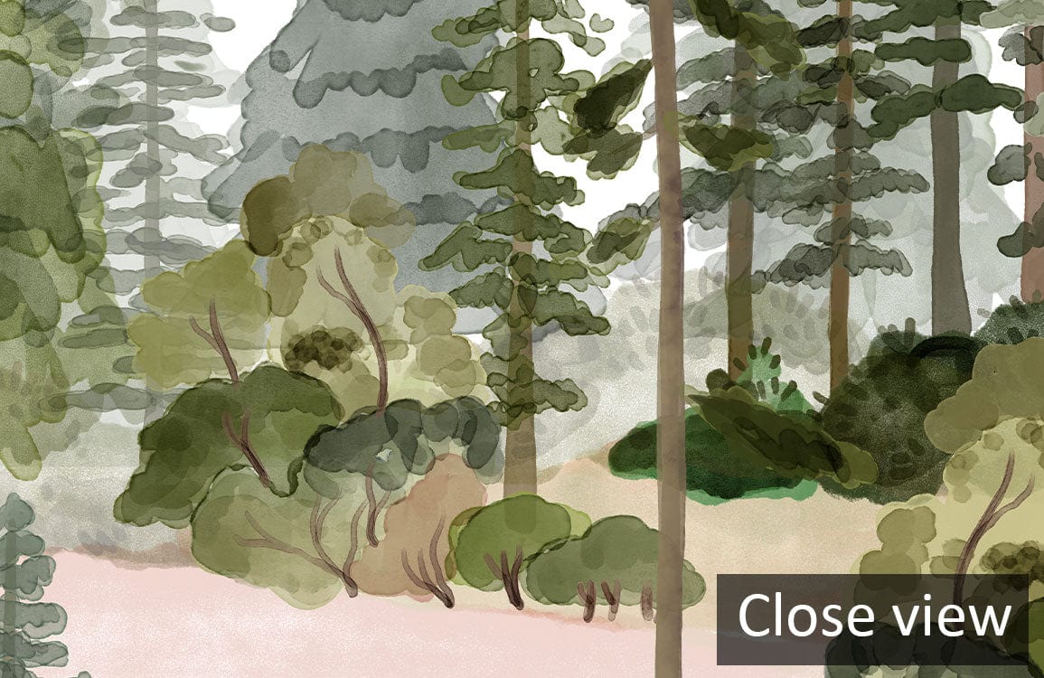 Tranquil Forest mural wallpaper close-up; green watercolour nature landscape. Wall art with forest scenery.