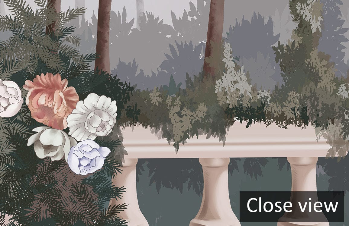 Vintage Pastel Garden Mural Wallpaper, floral design close-up, serene landscape for elegant interiors.