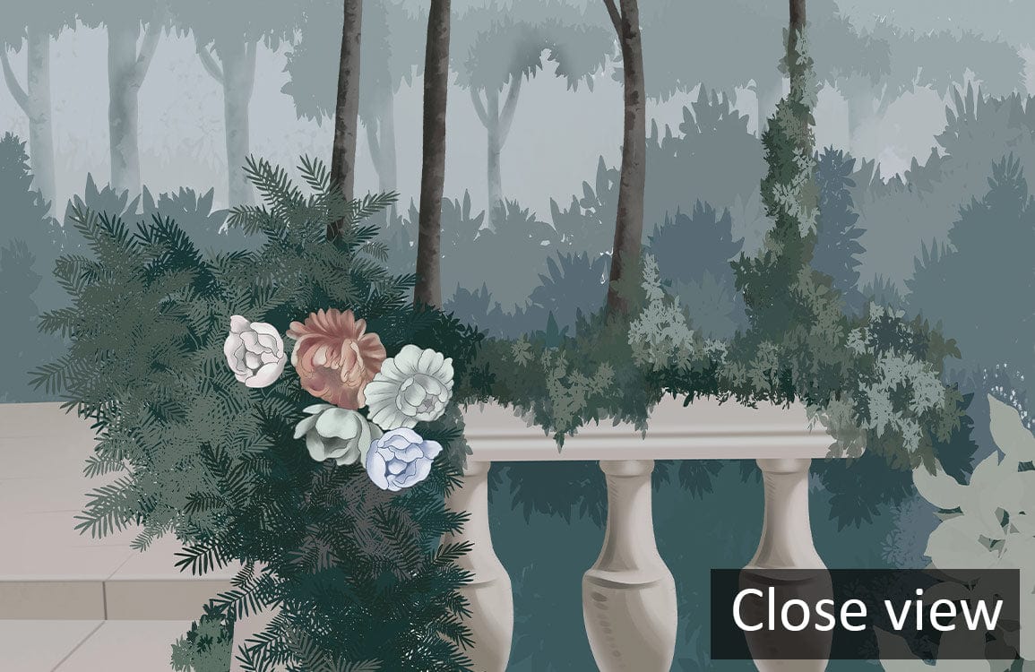 Tranquil Garden Oasis Mural Wallpaper in Soft Greens and Misty Blues, balcony scene with floral accents.