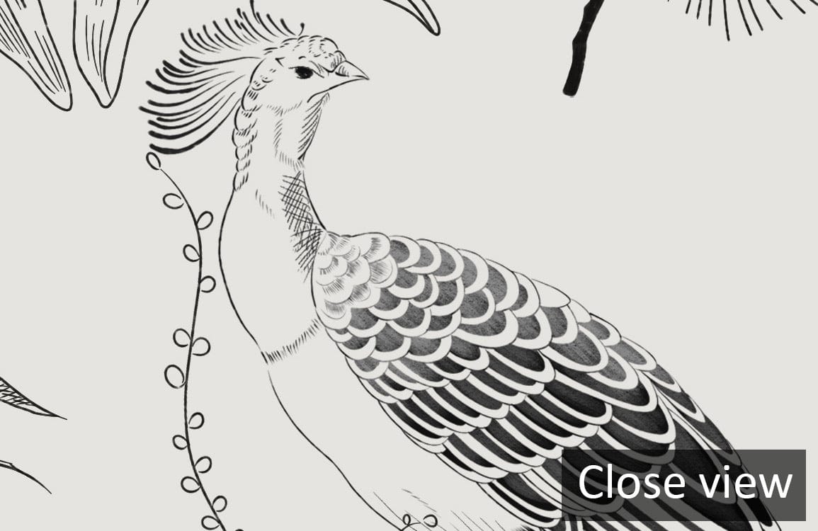 Close-up of Tropical Vintage Jungle Grey Botanical Wallpaper featuring elegant bird and foliage design.