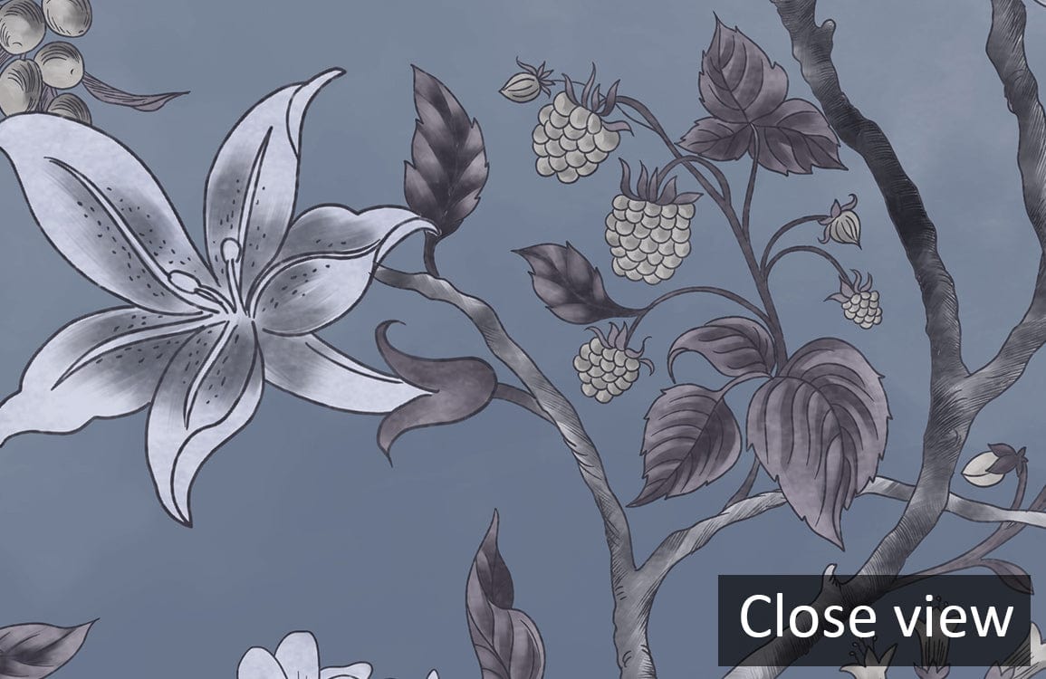 Elegant blue floral vintage wallpaper close-up; ideal for sophisticated room settings and classic decor.