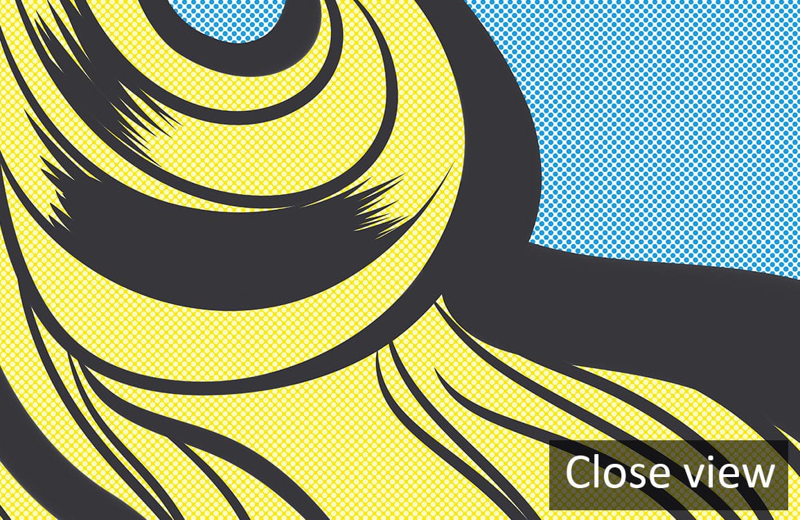 Retro Pop Art Blonde Glamour Mural Wallpaper close-up, vibrant comic style on blue background.