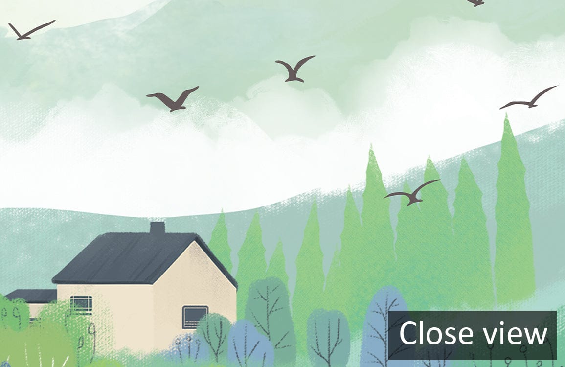 Close view of Whimsical Countryside Landscape Pastel Mural Wallpaper featuring trees and birds in soft greens.