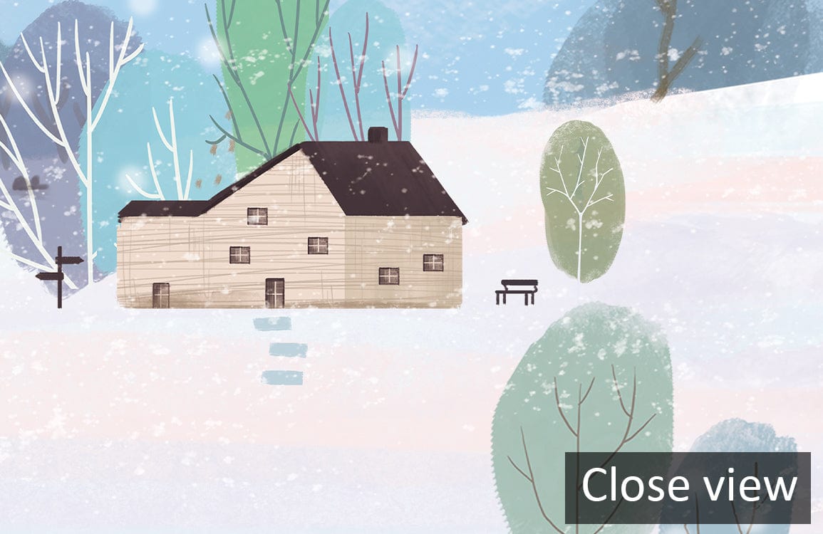 Whimsical Snowy Train Landscape Mural in Pastel Hues, featuring serene winter scenery and trees.
