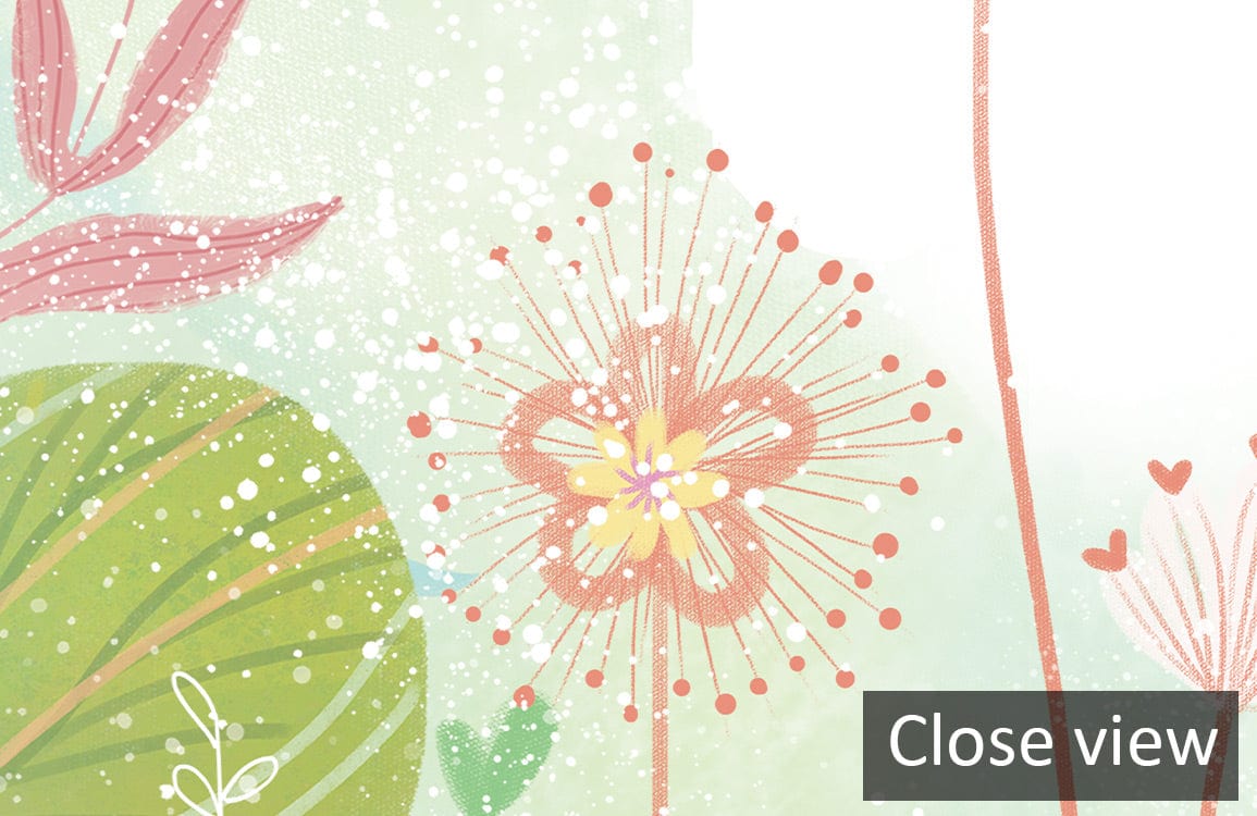 Close-up of Serene Pastel Garden Mural Wallpaper featuring floral design with exotic bird elements.
