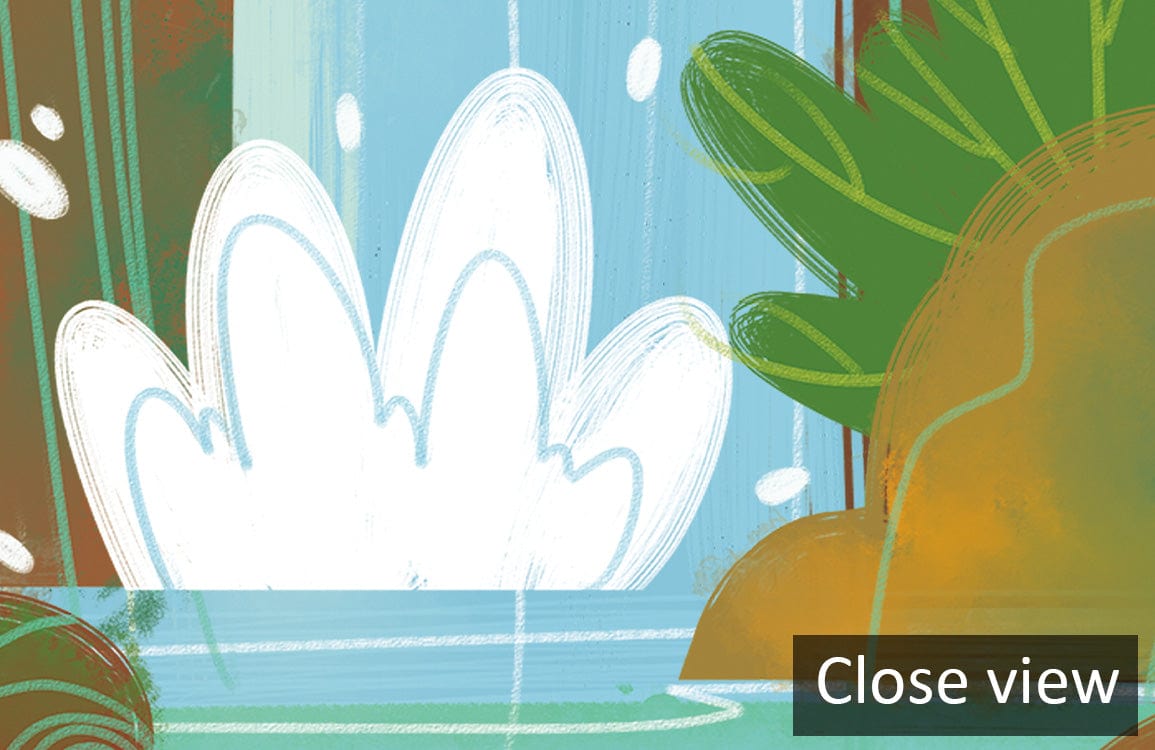 Close view of Enchanting Waterfall Landscape Mural Wallpaper, featuring lush greenery and whimsical elements.
