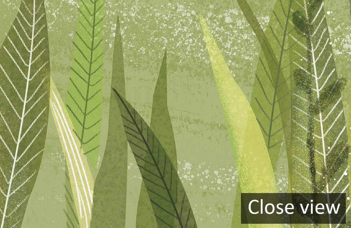 Close-up of Serene Pastoral Landscape Mural Wallpaper with green leaf pattern, nature-inspired decor element.