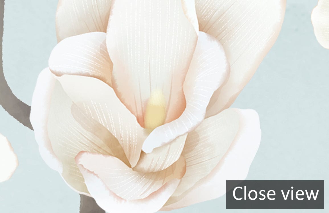 Close-up of Serene Blue Magnolia Blossom Floral Wallpaper for elegant interior design.