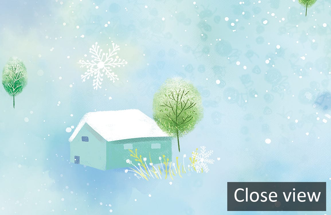 Whimsical Winter Wonderland mural wallpaper showcases snowy cottage, pastel hues, and green trees in close view.