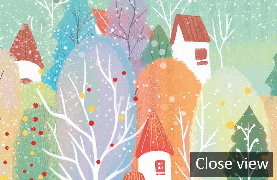 Close-up of Whimsical Pastel Dreamscape Children's Mural Wallpaper with Colourful Fantasy Village Theme.