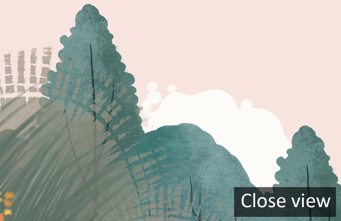 Close view of Serene Pastel Forest Mural Wallpaper in green and orange, capturing nature-inspired design.