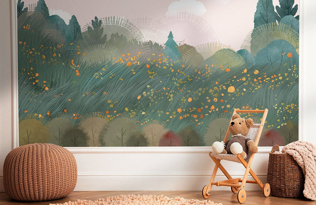 Serene Pastel Forest Mural Wallpaper in green, orange; cosy nursery with neutral pouffe, wooden flooring.
