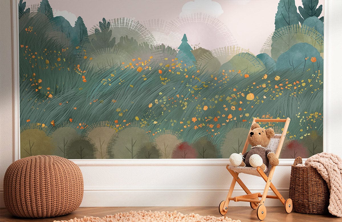 Serene Pastel Forest Mural Wallpaper in green, orange; cosy nursery with neutral pouffe, wooden flooring.