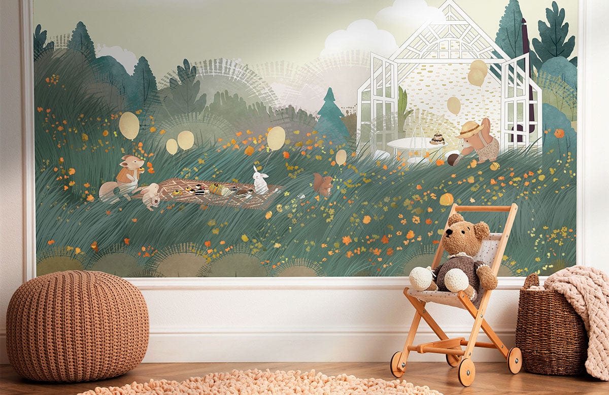 Enchanted Woodland Retreat Mural with chair, cosy teddy, nursery setting, warm tones, wooden floor.