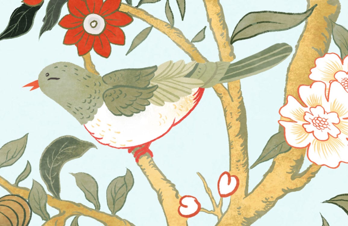 Vintage Floral Garden Wallpaper with bird motif, featuring elegant botanical design in red, green, and cream.