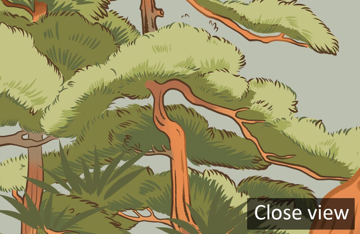 Vintage Coastal Pine Mural Wallpaper in Earthy Greens, close view showing intricate tree design details.