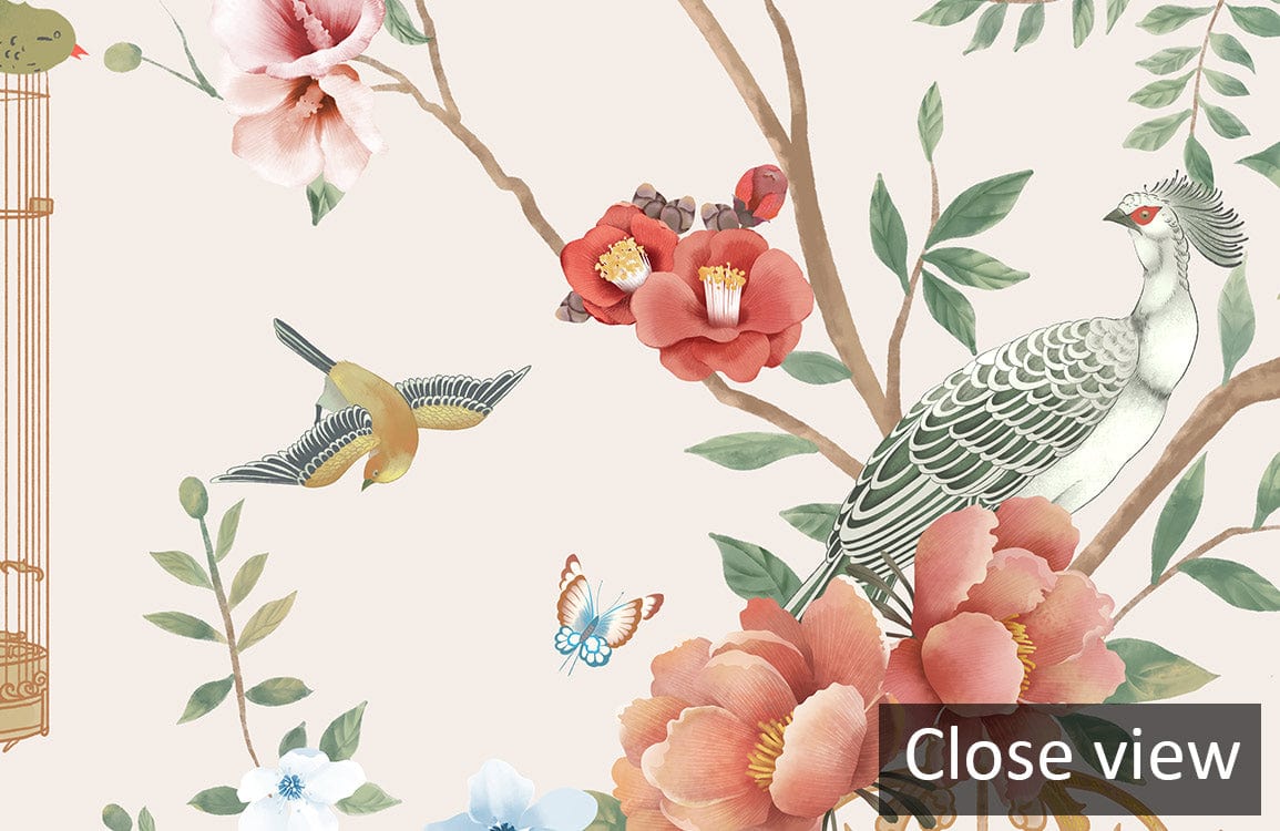 Elegant floral lanterns oriental wallpaper, cream background, botanical design, pastel tones, detailed close-up view.