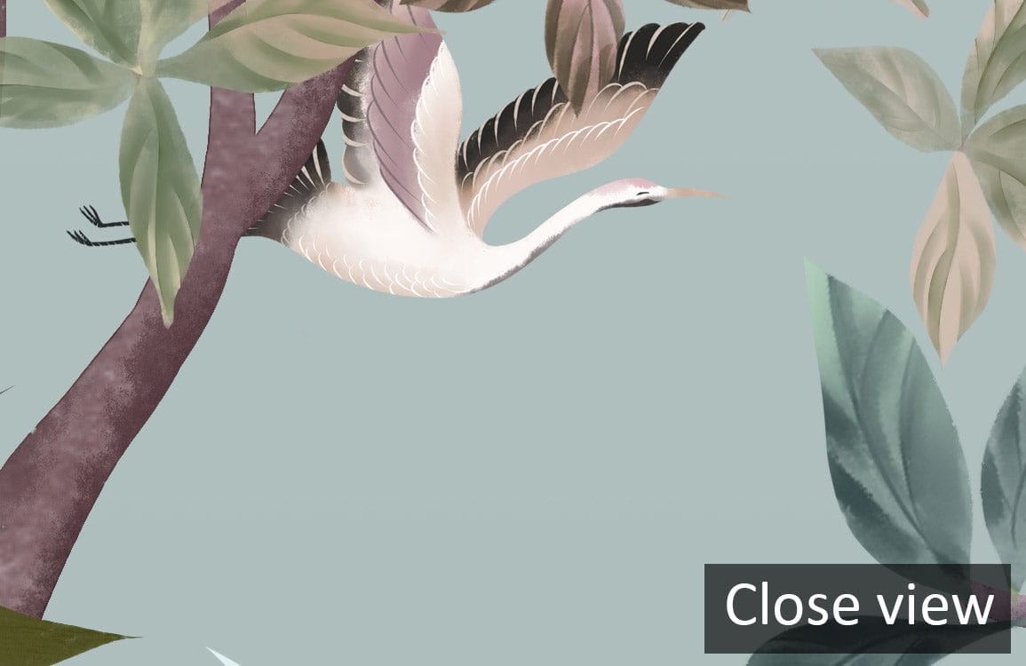 Exotic Jungle Safari Wallpaper with Lush Greenery, Wildlife Design on pale background, bird detail visible.