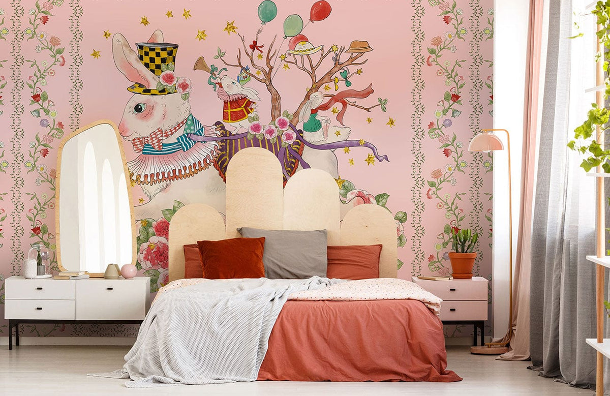 Enchanting pastel rabbit floral mural wallpaper; quirky vintage style bedroom, plush bed, stylish pink decor.