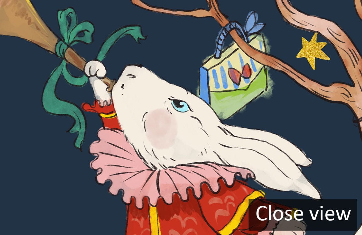 Whimsical Wonderland Rabbit Ride mural in dark vintage colours, featuring storybook rabbit and tree branch.