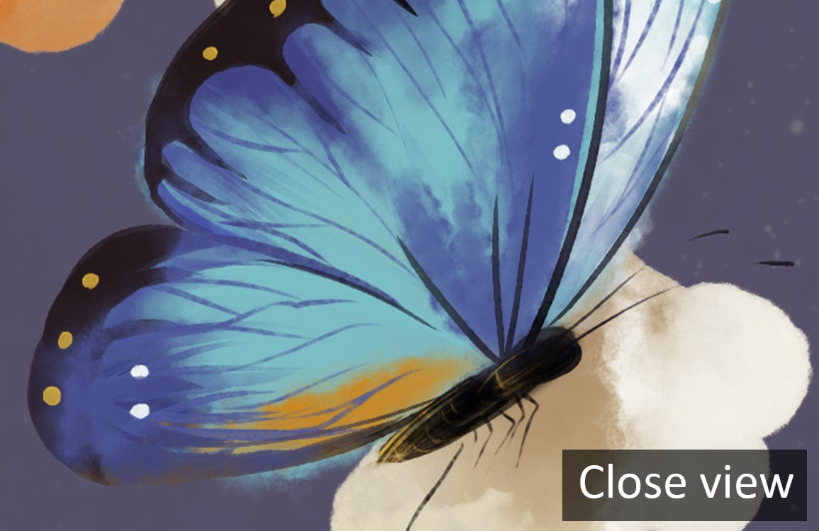Elegant mural wallpaper close view with moonlit floral design in deep purple; features vibrant butterfly.