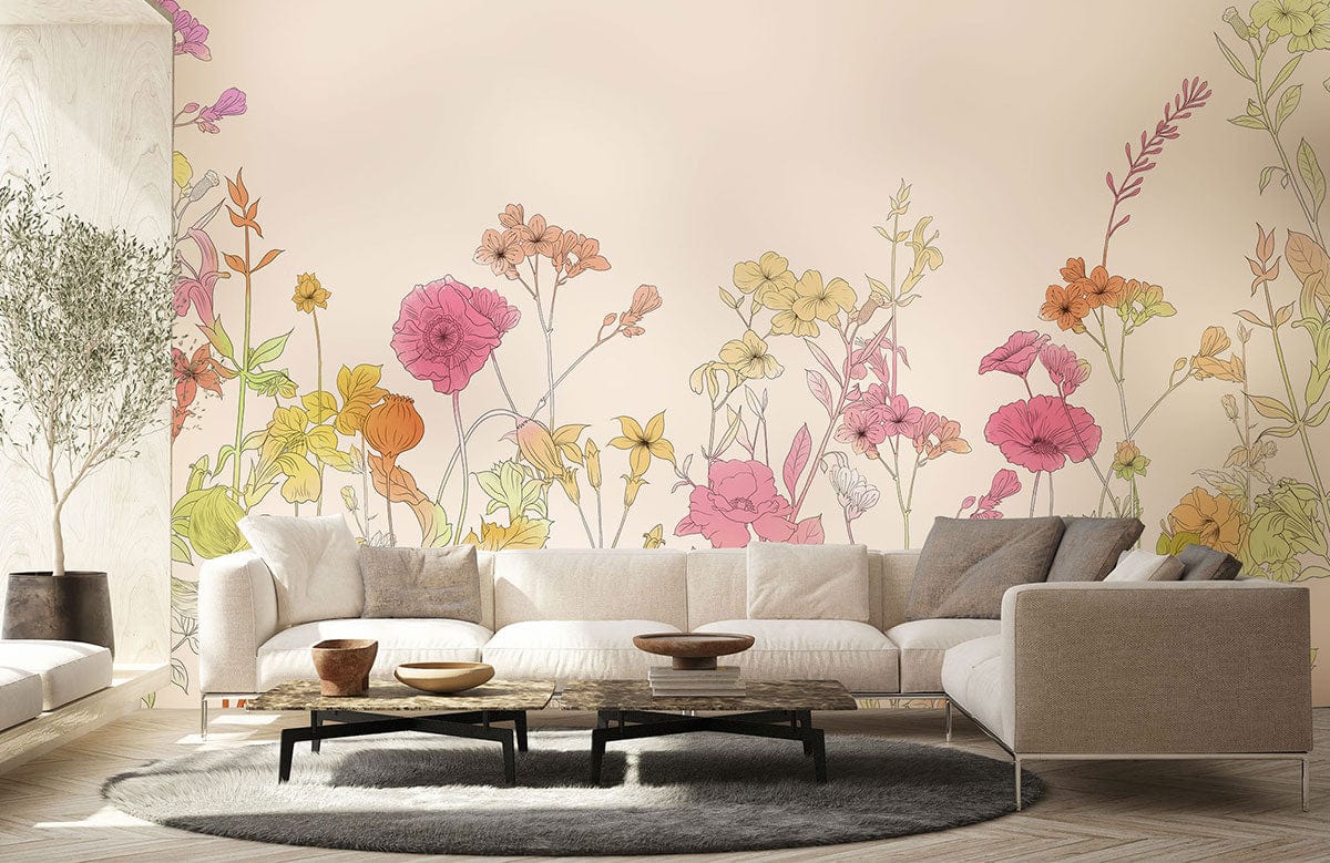 Pastel Floral Meadow Mural Wallpaper in living room with beige sofas, wooden flooring, and a grey rug.