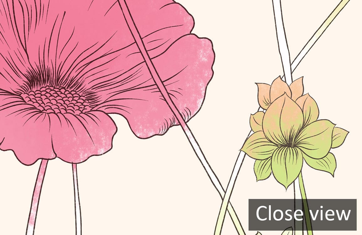 Close view of Pastel Floral Meadow Mural Wallpaper, elegant botanical design for home decor aesthetics.
