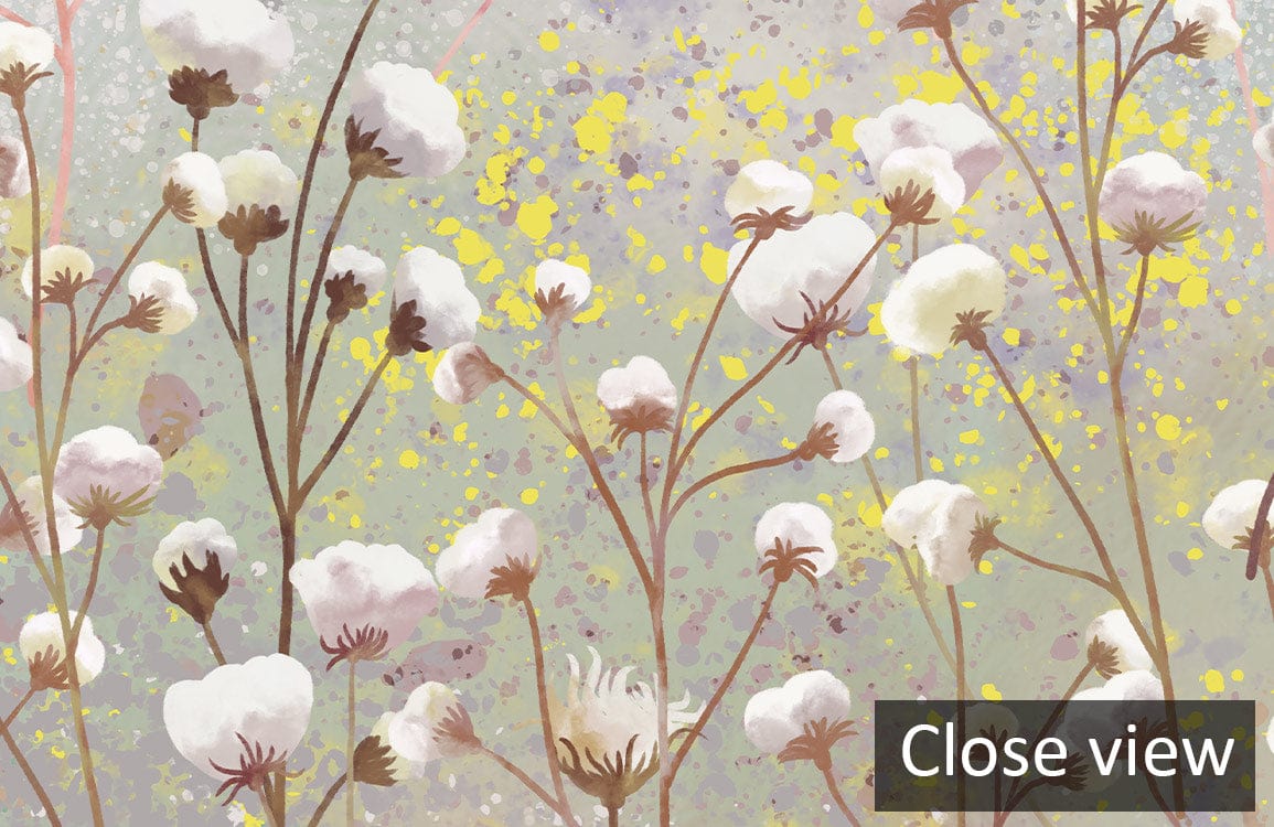 Soft Pastel Floral Meadow Mural Wallpaper, delicate pink blooms; close-up detail view, charming design.