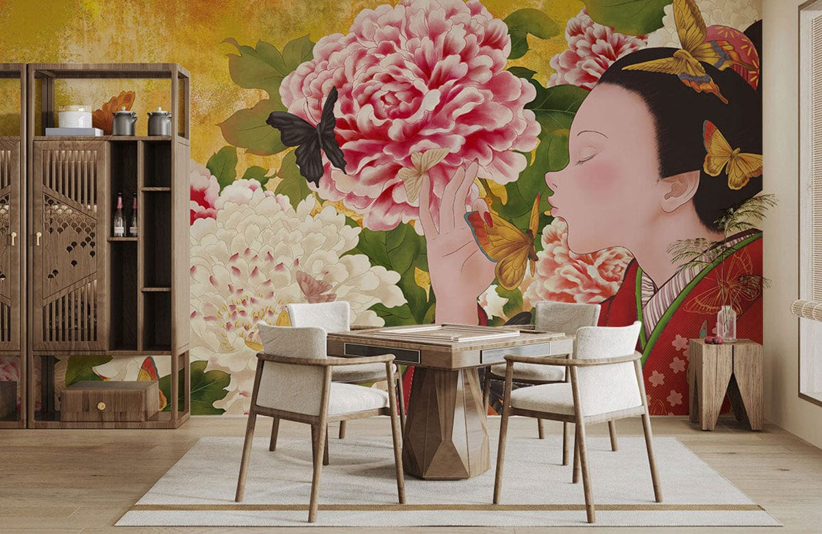 Elegant Oriental floral mural wallpaper with butterflies, dining room setting, wooden table, and chairs.