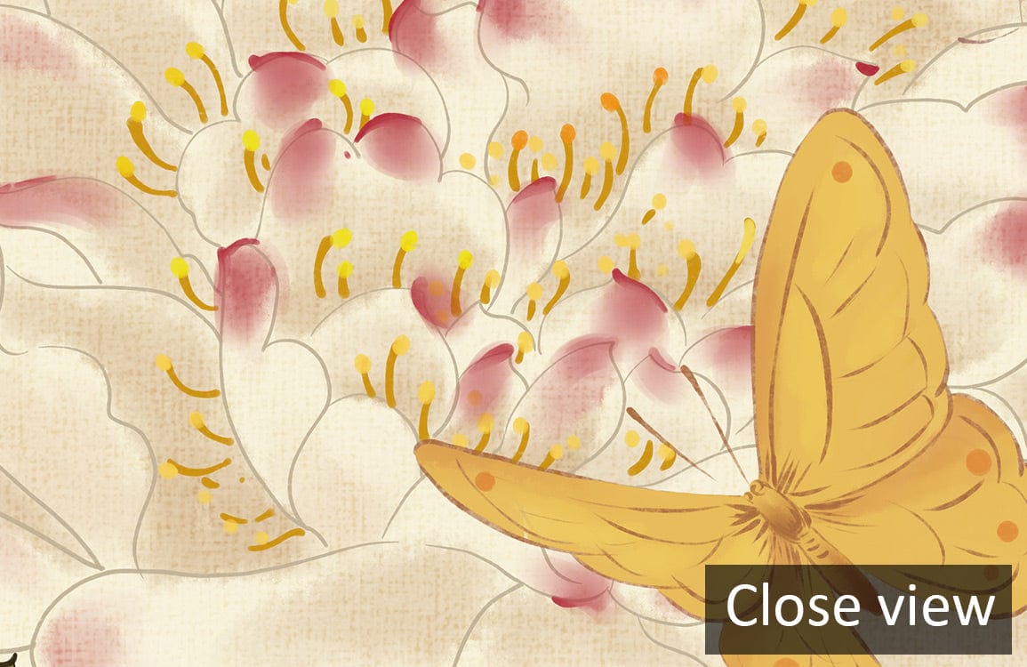 Close-up of elegant mural wallpaper featuring vibrant oriental floral design with butterflies in rich colours.