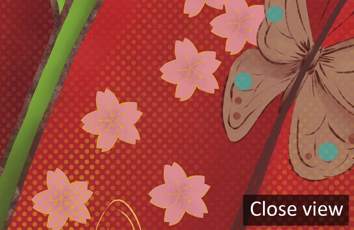 Close-up of elegant Oriental floral mural wallpaper featuring butterflies and blossoms in rich red colours.