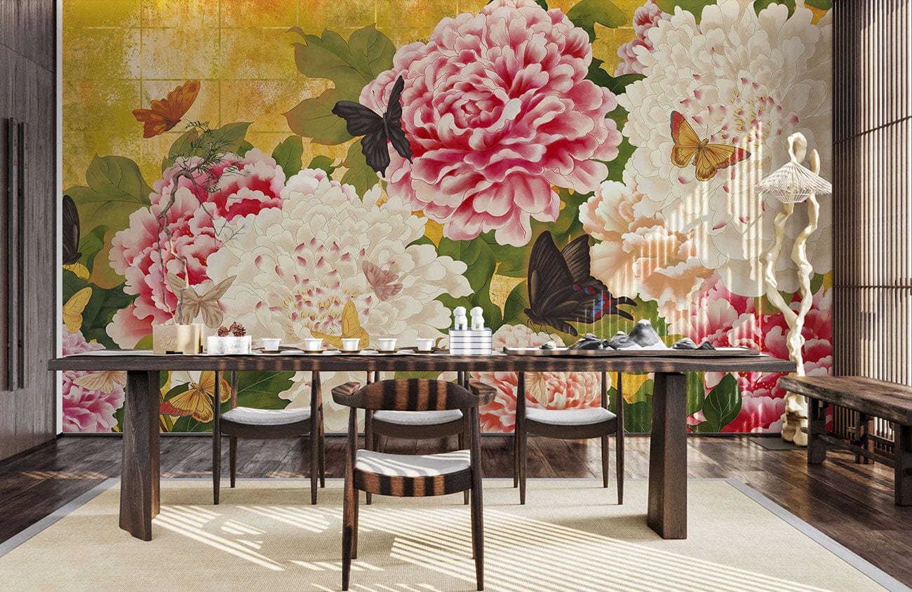 Elegant vintage floral wallpaper with peonies and butterflies in dining room, dark wood flooring, modern chairs.