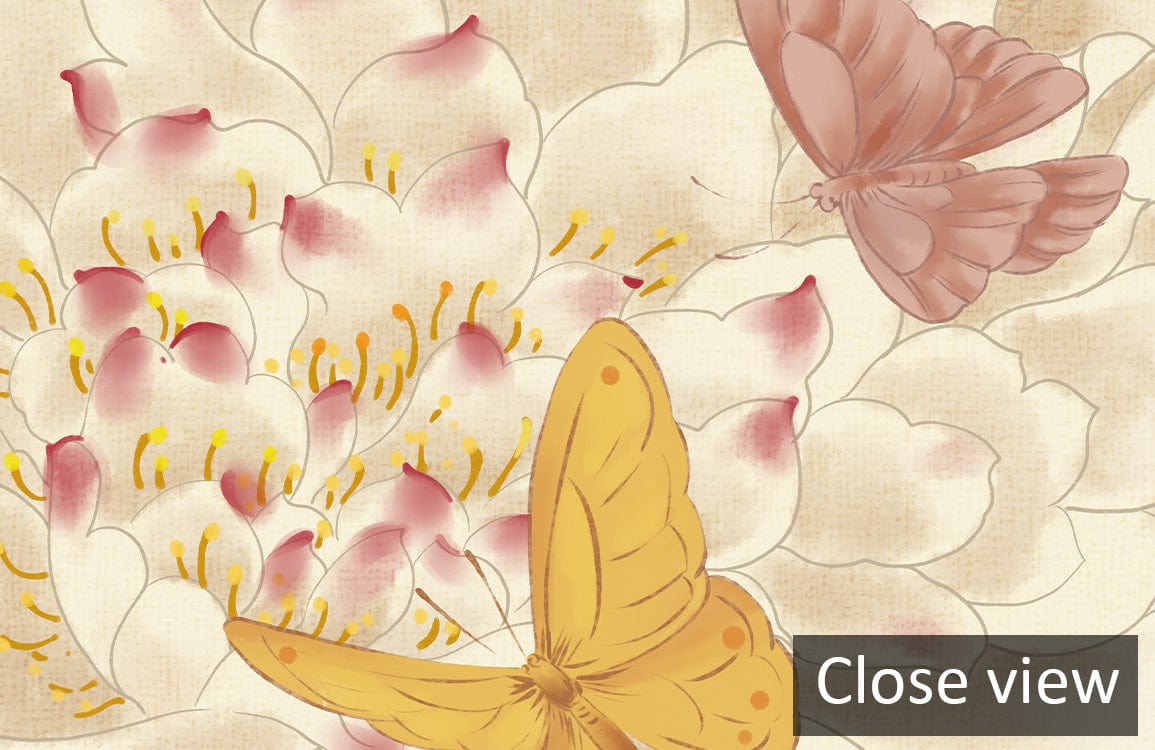 Close-up of vibrant floral wallpaper featuring butterflies and peonies in elegant vintage style.