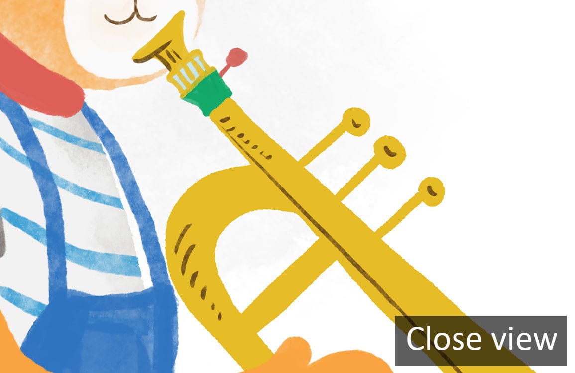 Close-up of a colourful jazz mural featuring a trombone and whimsical character in bright attire.