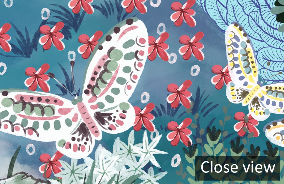 Close view of vibrant pastel woodland wallpaper featuring butterflies and flowers for contemporary decor.