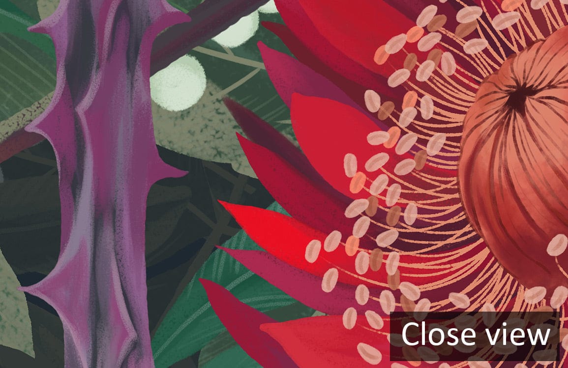 Close-up of vintage botanical floral wallpaper in dark green and red for elegant interiors.