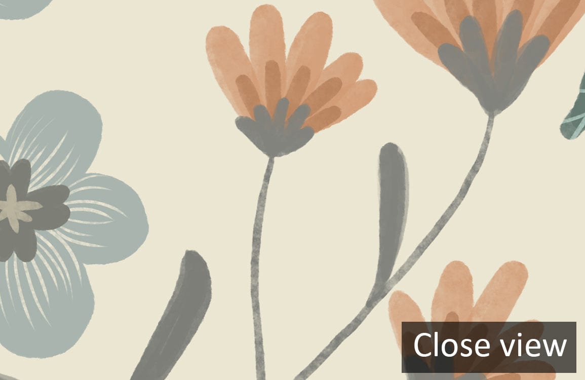 Close-up of Vintage Botanical Floral Wallpaper in soft green, earth tones; floral details and texture visible.