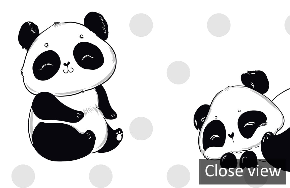 Cheerful panda polka dot children's nursery wallpaper, playful design, enhancing child's room decor appeal.