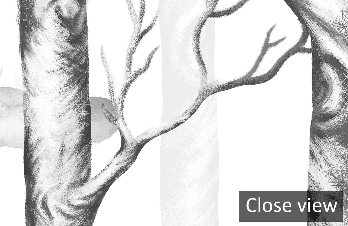Close-up of nature-themed black and white woodland wallpaper design featuring fantasy birds and trees.