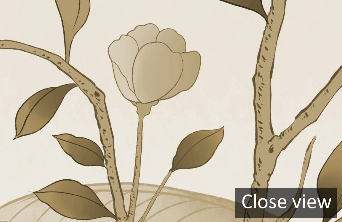 Close-up of sepia botanical design on vintage Italian architectural mural wallpaper, intricate plant motif.
