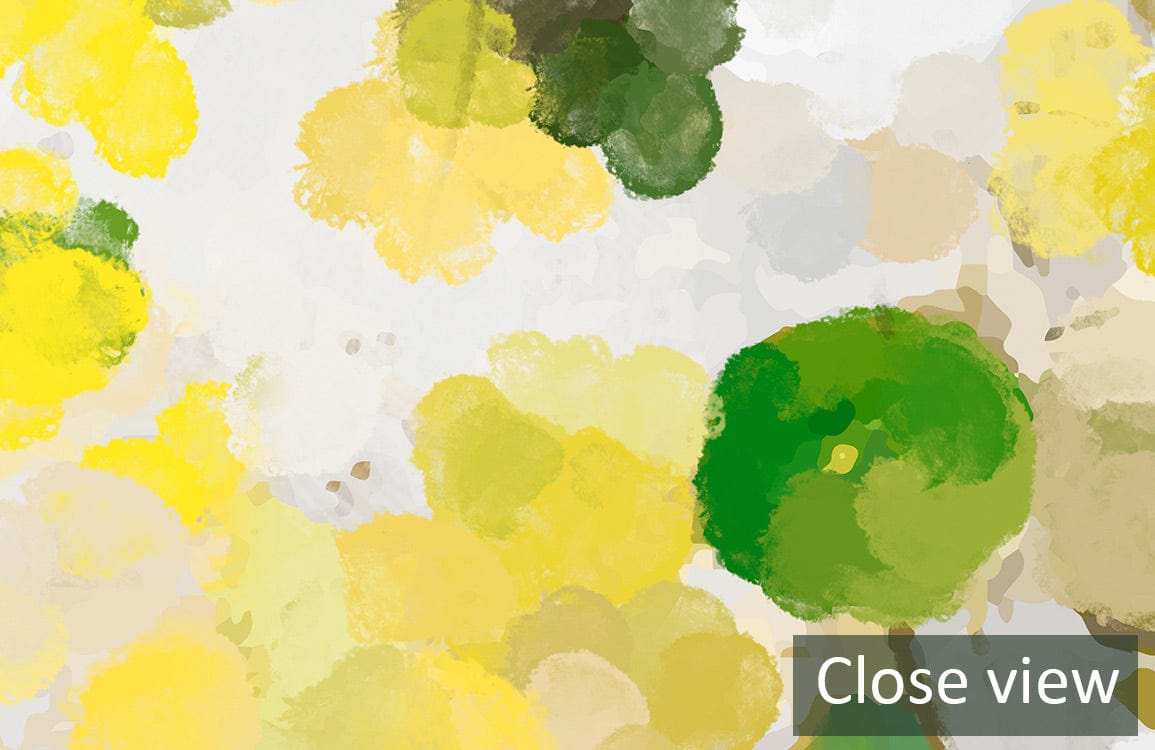 Bright Abstract Floral Watercolour Wallpaper in Yellow and Green, close view, artistic floral pattern.