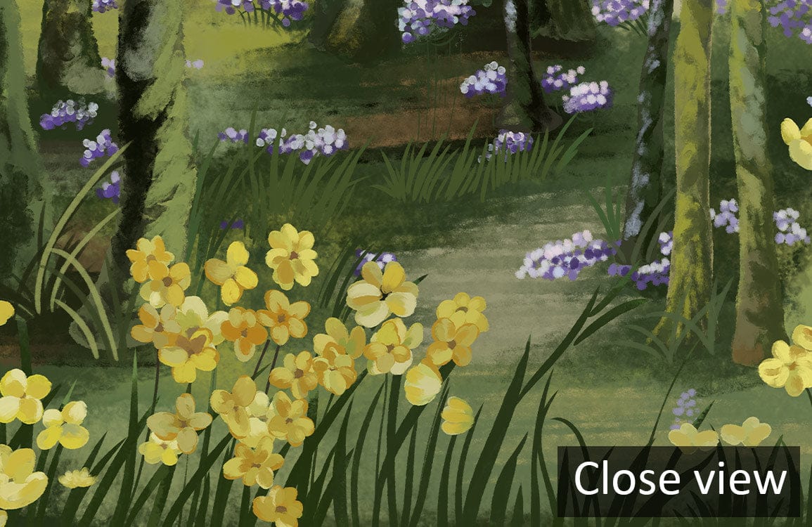 Close view of Enchanted Green Forest mural wallpaper with yellow blossoms, enhancing woodland serenity ambiance.