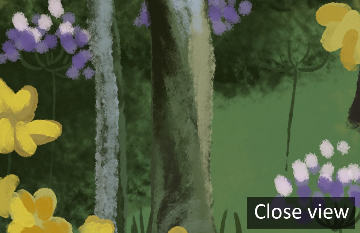 Close-up of Enchanted Green Forest Mural Wallpaper with Yellow Blossoms, depicting woodland serenity.