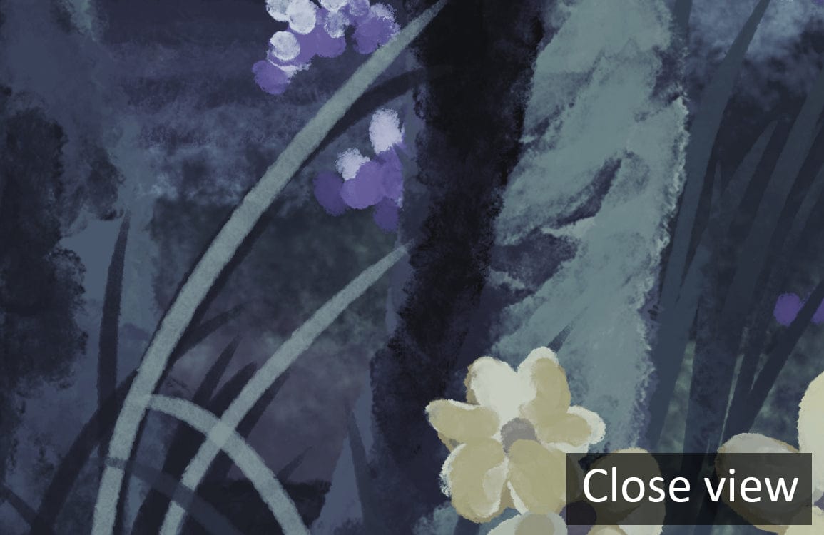 Close-up view of Tranquil Woodland Enchantment wallpaper in calming green and blue with floral details.