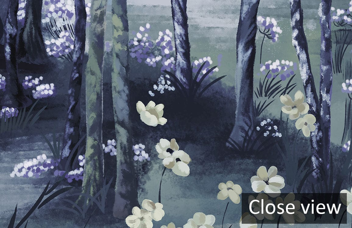 Tranquil Woodland Enchantment mural wallpaper close-up in soothing green and blue tones, featuring floral patterns.