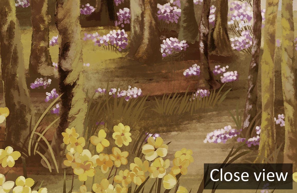 Enchanted Woodland Forest Mural Wallpaper with lush greenery, floral scenery enhances any room's natural ambience.