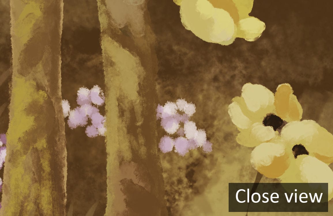 Close view of Enchanted Woodland Mural Wallpaper featuring lush greenery and vibrant yellow flowers.