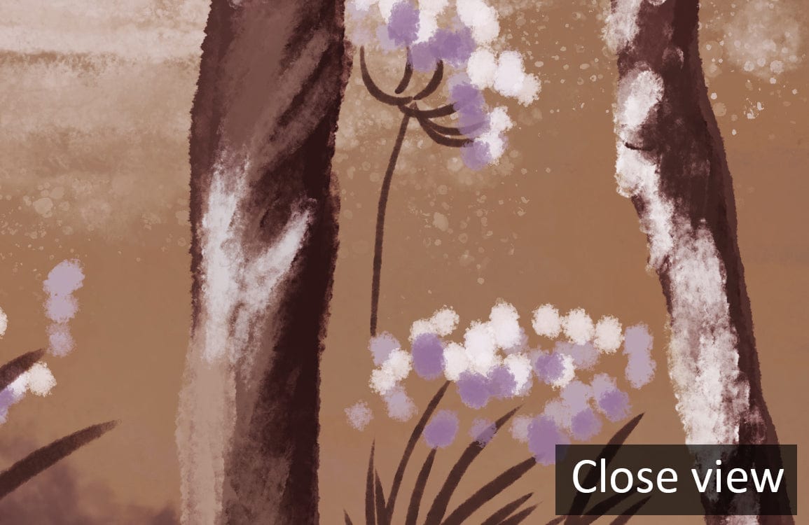 Close-up view of Autumn Forest Mural Wallpaper, depicting earthy tones with tree and floral details.