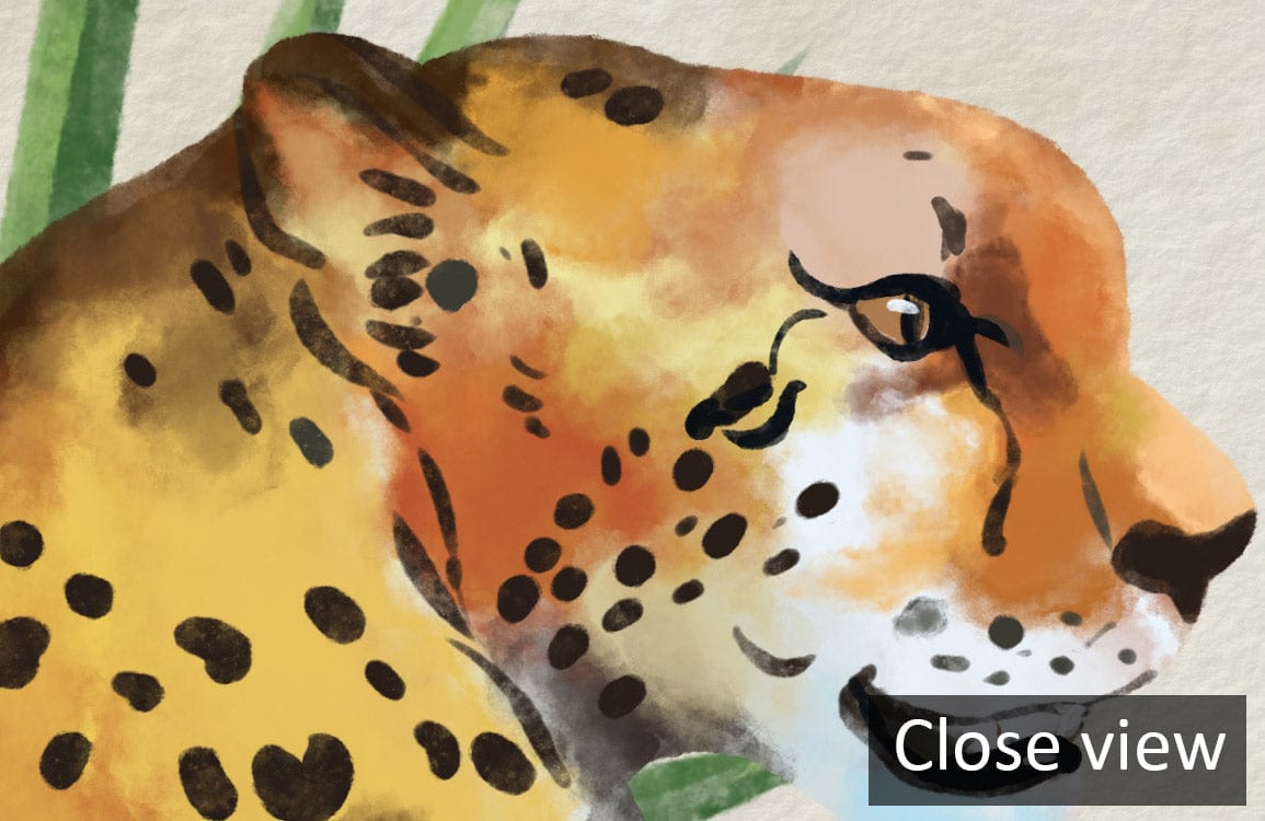 Close view of tropical jungle safari mural wallpaper featuring a leopard on green background.