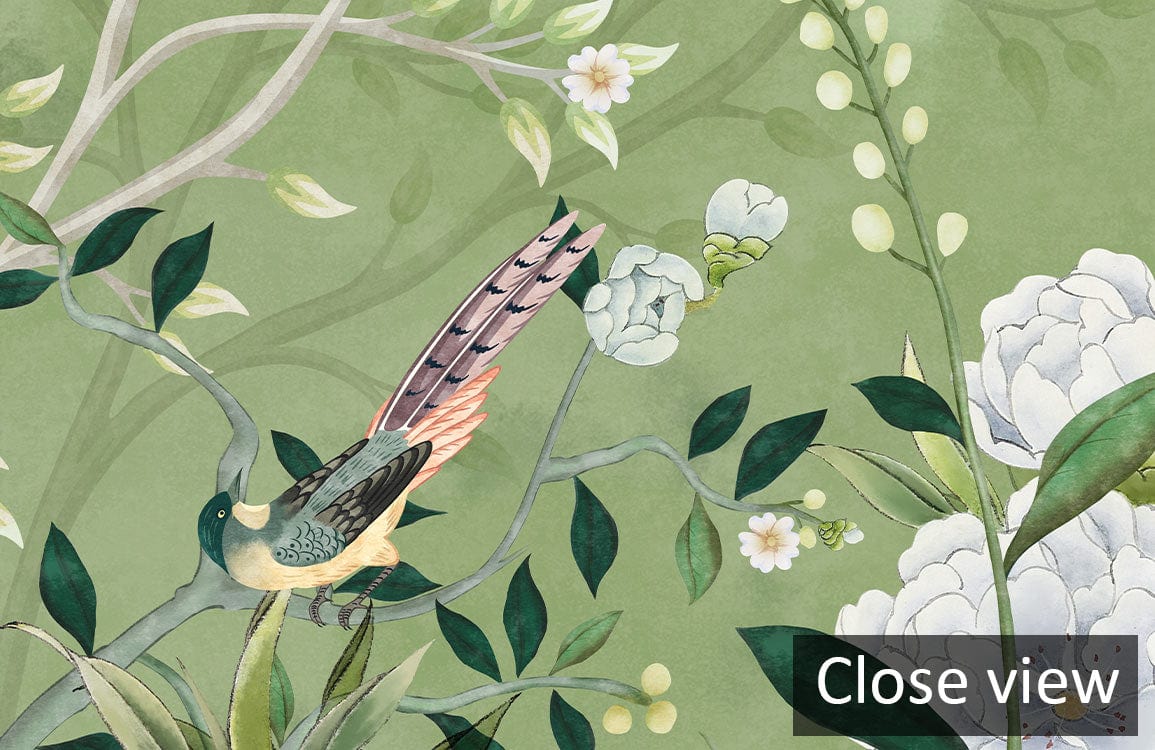 Close-up of Green Floral and Bird Mural Wallpaper, elegant nature-inspired traditional design.